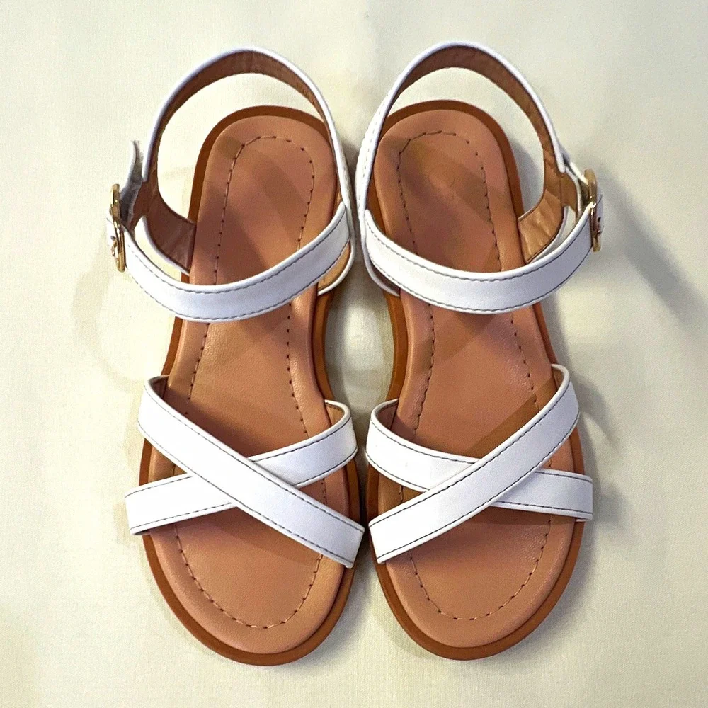 PANDANINJIA Girls White Strappy Ankle Strap Sandals Buckle Open Toe US 13